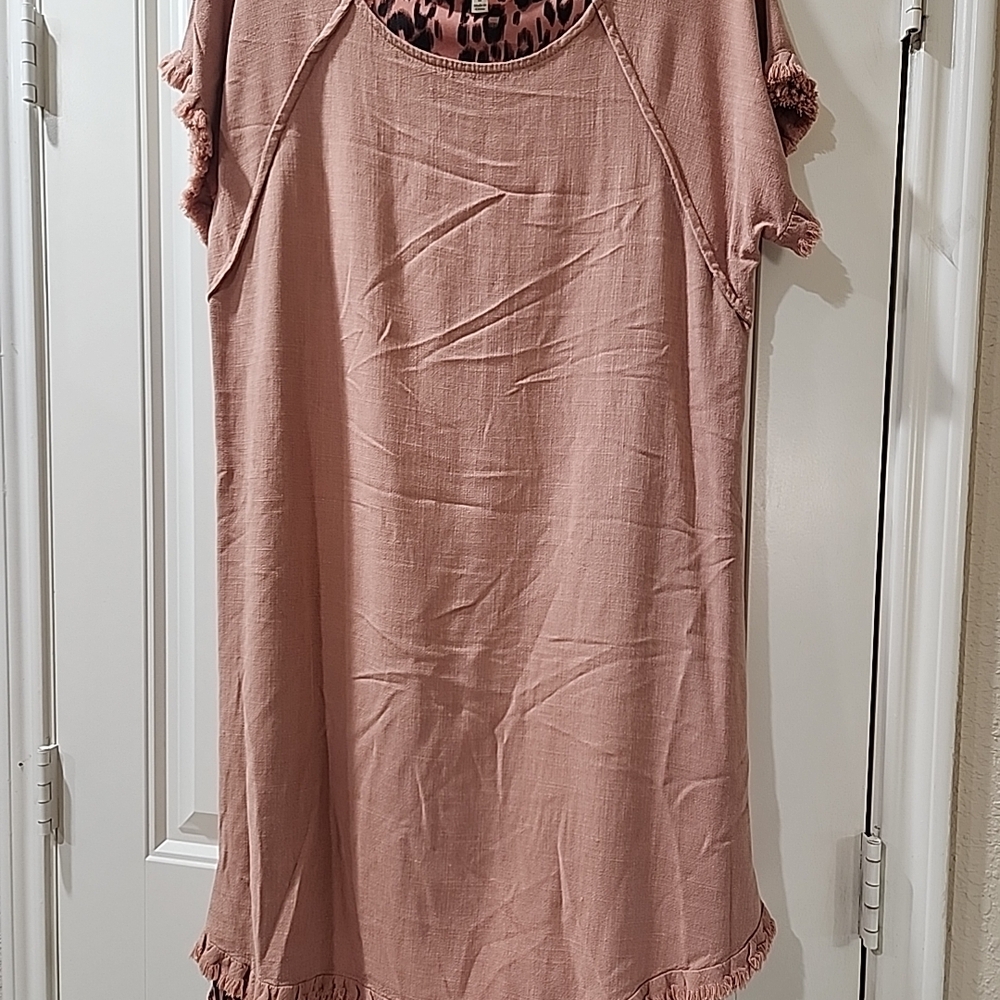 Tan Umgee Short Sleeve Dress with Fringed Hem
